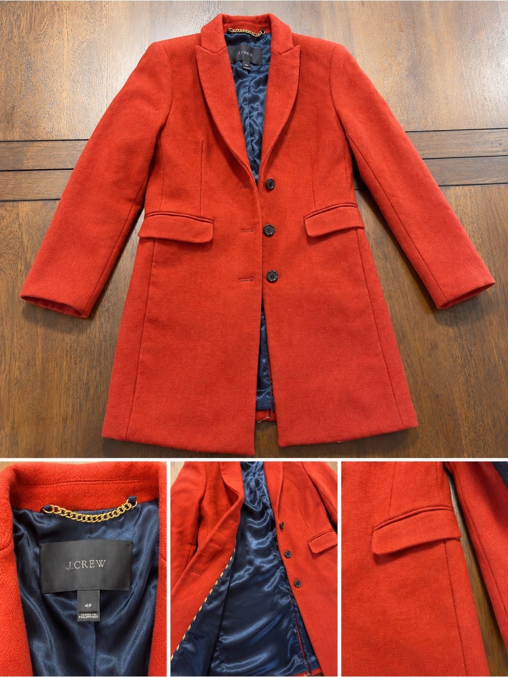 J. Crew Red Wool Pea Coat with Notch Lapel
